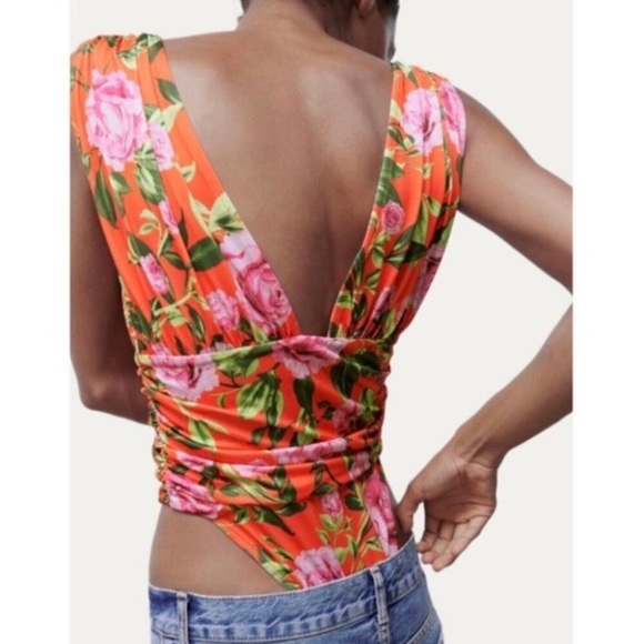 Zara Floral Draped V Neck Plunge Bodysuit Blogger Favorite - Picture 10 of 11